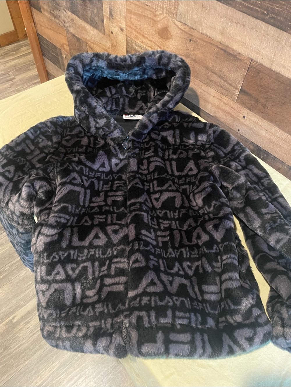 Fila Black Faux-Fur Logo Hooded Puffer Coat